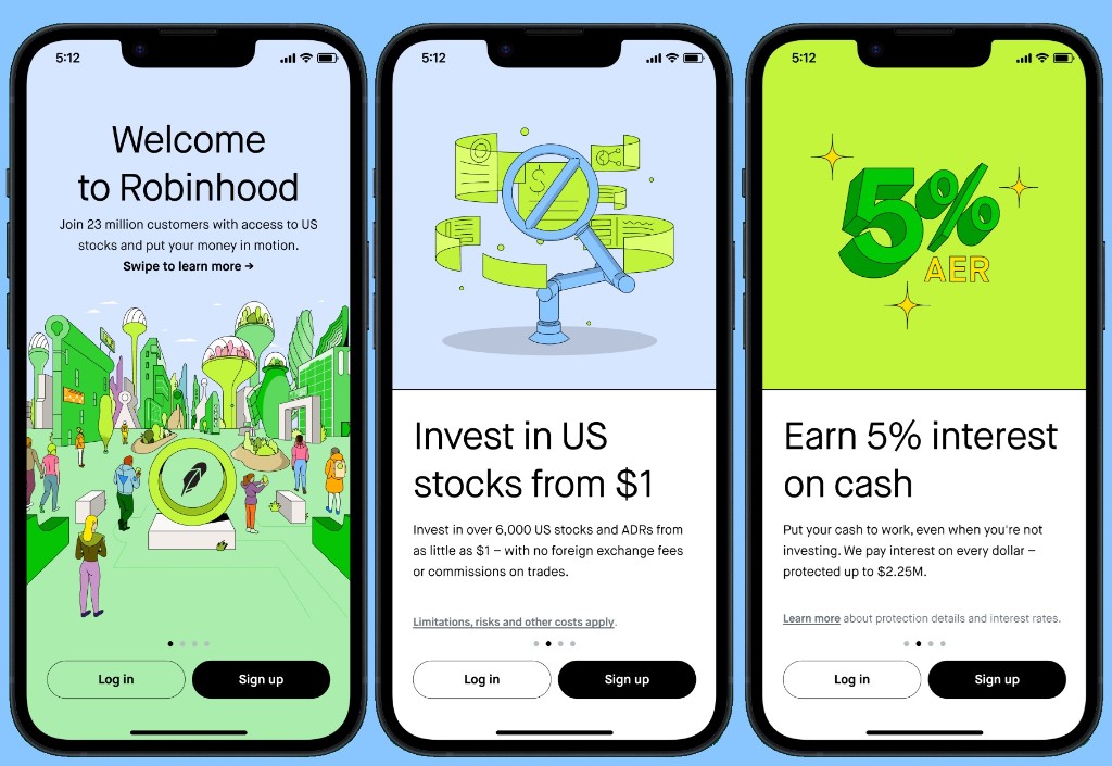 Robinhood app onboarding screens showing fractional investing and cash interest