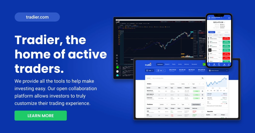 Tradier trading platforms on desktop, tablet, and mobile — the home of active traders