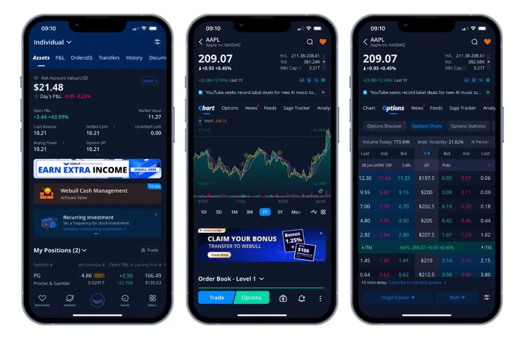 Webull mobile app showing portfolio, AAPL charting, and options chain